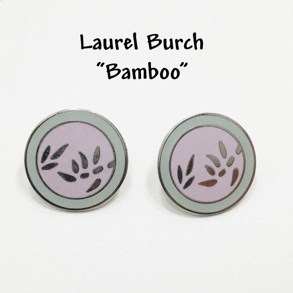 Vintage Laurel Burch "Bamboo" Post Earrings, Pastel Enamel, Gold Plated, 1980s - Picture 1 of 10